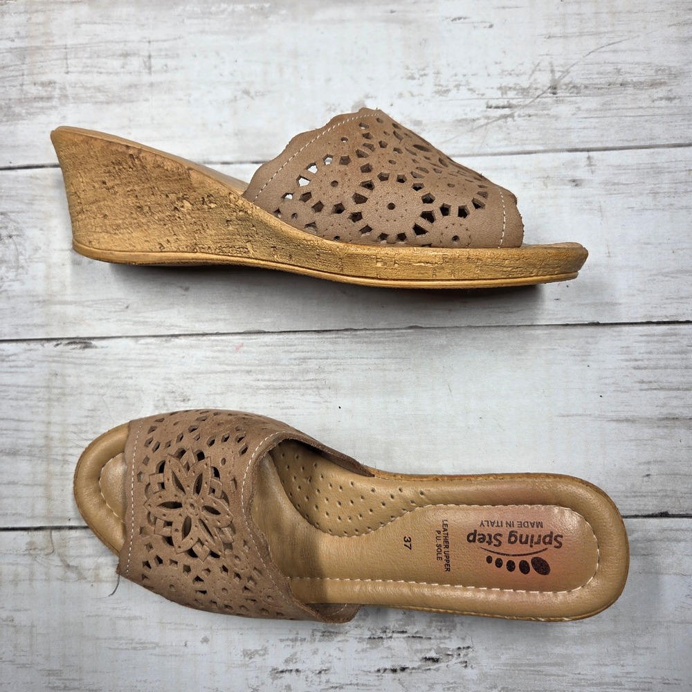 Spring Step Laser Cut Floral Wedge Slide Sandals Womens 37 Tan Leather Italy